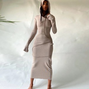  Long Sleeve Hooded Patchwork Skinny Maxi Dress Autumn Winter Women Fashion